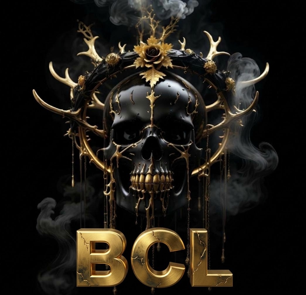 Black and gold skull crowned with antlers and a gold rose above the letters BCL